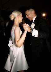 Elaine | Sexy V - Neck Backless White Satin Short/Mini Wedding Dress with Bows - Price #price_variant_lowest# - White - PromDressClub